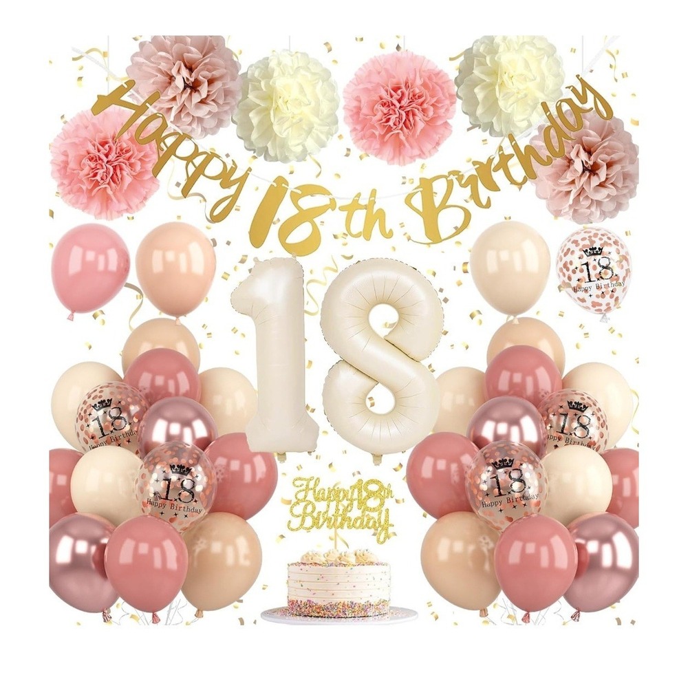 18th Birthday Decorations for Girl Retro Blush Pink Birthday Balloons Happy 1...